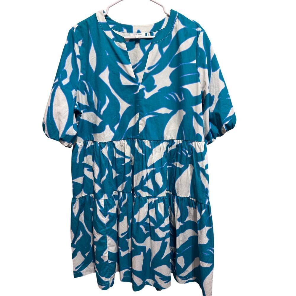 Chico's Dress Green White Leaf Print V-Neck Short Puff Sleeve Poplin Sz 2 US 12